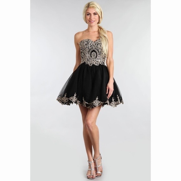 SWEETHEART Black with Gold Lace Dress - Picture 1 of 6